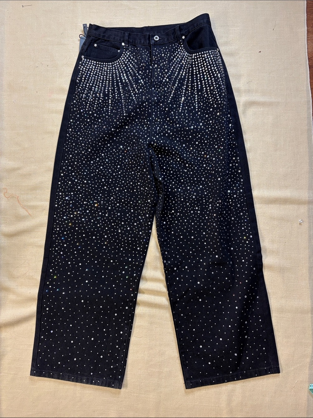 Black Rhinestone-Embellished Wide-Leg Pants